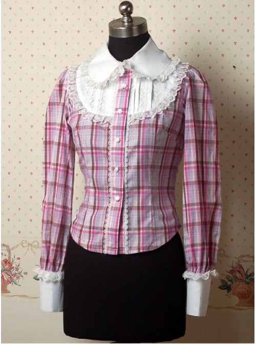 Pink Check Patten Long Sleeves Ruffle Lolita Shirt  |  Blouses