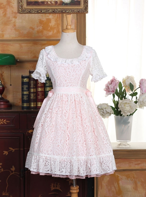 Pink Cotton Short Sleeves White Lace Classic Lolita Dress  |  Classic Lolita Dresses