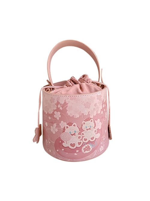 Pink Cute Cartoon Cat Print Lace-Up Versatile Sweet Lolita Portable Shoulder Messenger Bag  |  Lolita Bags