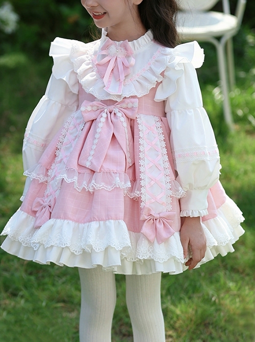 Pink Cute Princess Fluffy Bowknots Puff Sleeves White Ruffles Floral Lace Kids Sweet Lolita Long Sleeves Dress  |  Kids Dresses