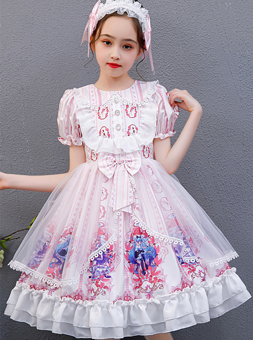 Pink Cute Printing Doll Collar Children Sweet Lolita Short Sleeve Dress  |  Kids Dresses