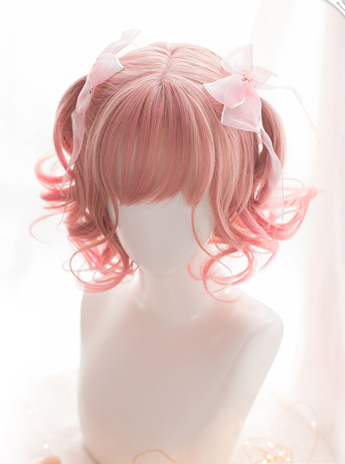 Pink Gradient Short Curly Hair Air bangs Sweet Lolita Wigs  |  Wigs