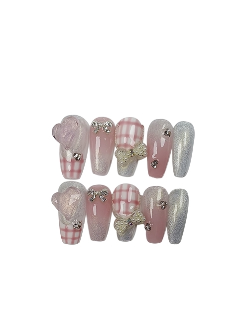 Pink Gradient Sweet Plaid Bowknot Rhinestone Oversized Love Detachable Finished Manicure Nail Pieces  |  Nails