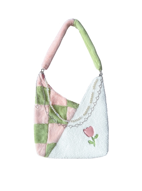 Pink-Green Plaid Stitching White Soft Plush Large-Capacity Bag Love Metal Chain Beads Accessories Sweet Lolita Portable Messenger Bag  |  Lolita Bags