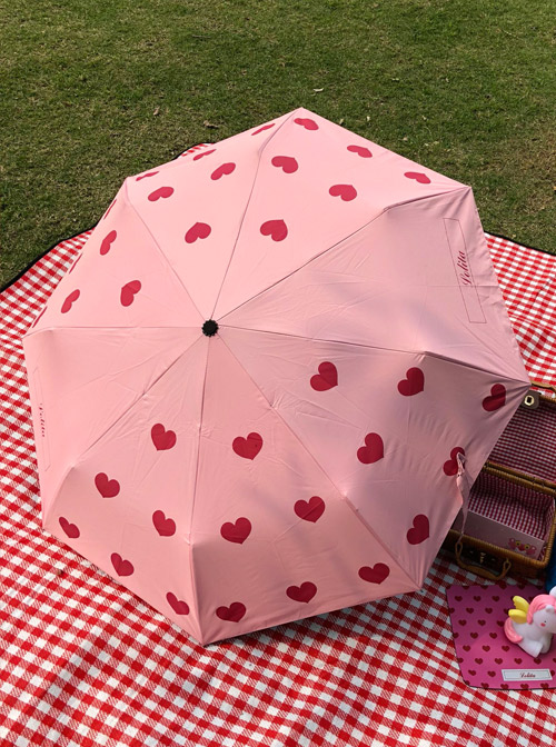 Pink Heart Pattern Sweet Lolita Fold Ultraviolet-proof Umbrella  |  Lolita Umbrellas