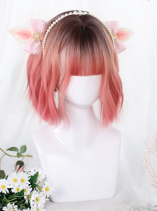 Pink Irregular Slightly Curly Wig Sweet Lolita Short Wigs  |  Wigs