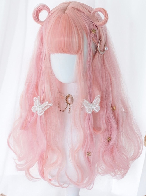 Pink Japanese Soft Girl Cute Gradient Air Bangs Wool Curly Long Curly Hair Sweet Lolita Wig  |  Wigs