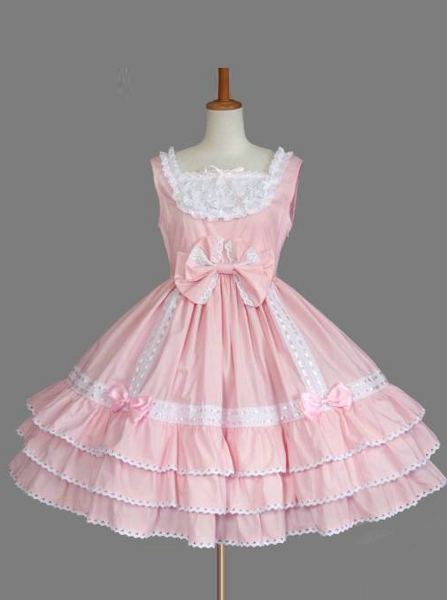 Pink Lace Bowknot Bind Strap Sweet Lolita Sling Dress  |  Plus Size Lolita Dresses