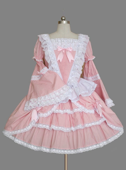 Pink Long Sleeve Lace Ruffles Classic Lolita Dress  |  Classic Lolita Dresses