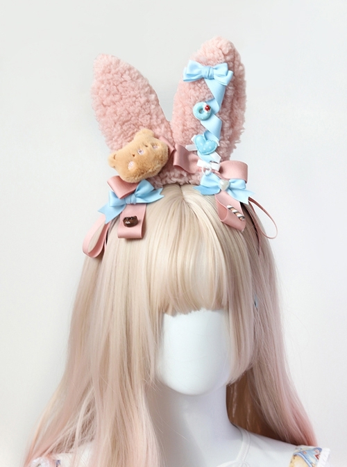 Pink Plush Rabbit Ears Sweet Lolita Little Bear Candy Decoration Bowknot Headband  |  Lolita Headbands