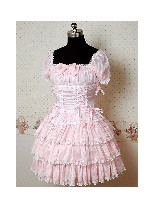 Pink Puff Short Sleeves Bow Cake Lolita Dress  |  Classic Lolita Dresses