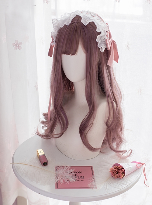 Pink Purple Sweet Daily Long Curly Hair Girl Qi Bangs Lolita Wigs  |  Wigs