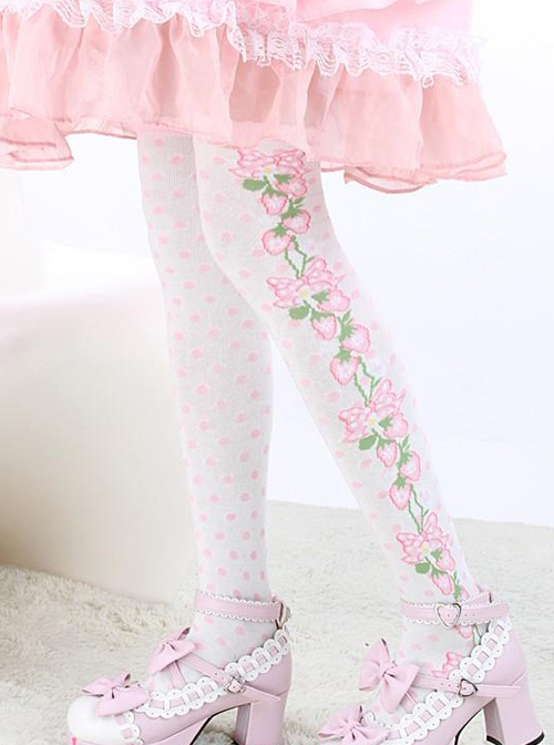 Pink Strawberry Lovely White Fashion Sweet Lolita Knee Stockings  |  Lolita Socks