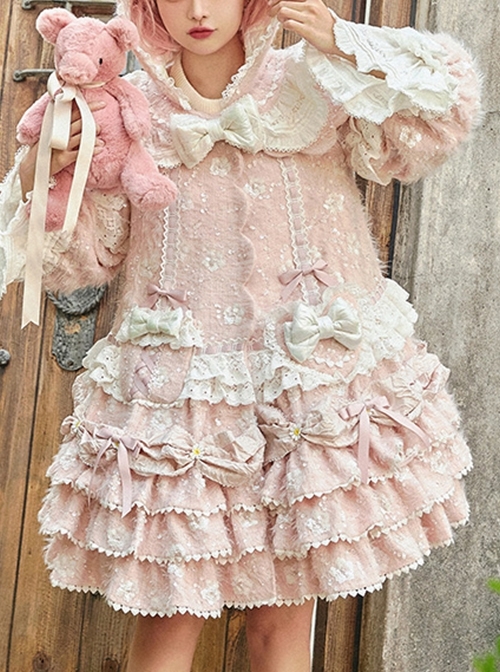 Pink Sweet Autumn Winter Detachable Hat Shawl Sequin Bow-Knot Decoration Sweet Lolita Long-Sleeved Coat  |  Coat & Jacket