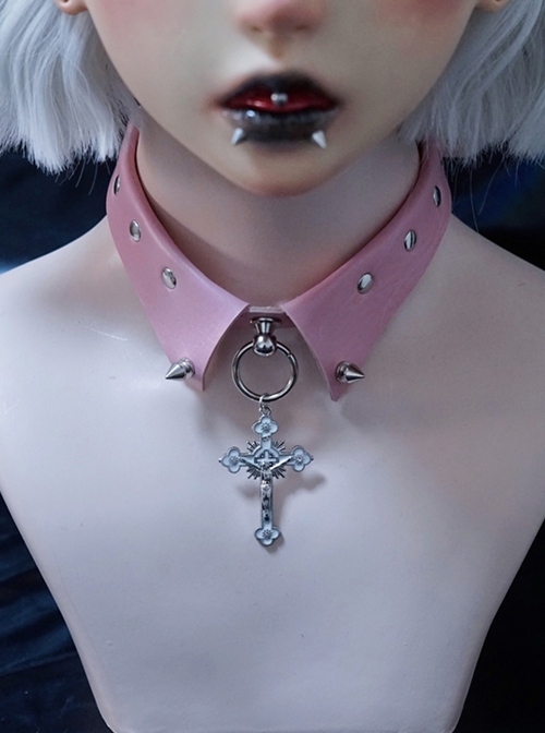 Pink Sweet Cool Leather False Collar Metal Rivet Cross Decoration Punk Lolita Necklace  |  Lolita Necklaces