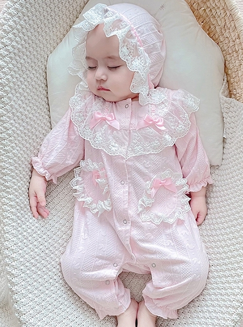 Pink Sweet Cute White Lace Pure Cotton Long Sleeves Jumpsuit Girls Soft Baby Romper  |  Baby Rompers