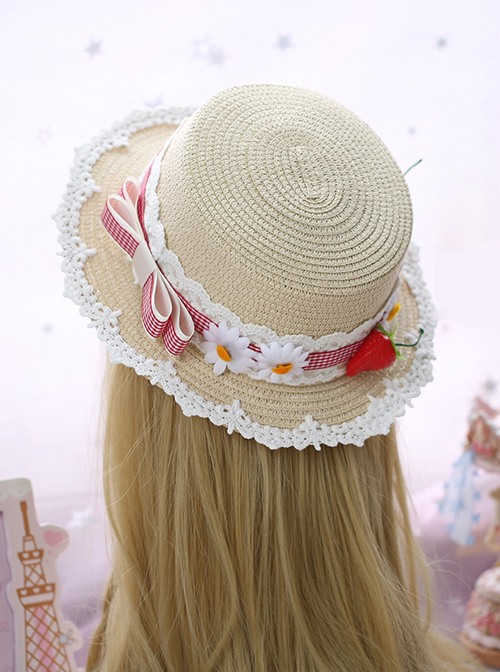 Plaid Bowknot Cute Strawberry Lolita Straw Hat  |  Lolita Headbands