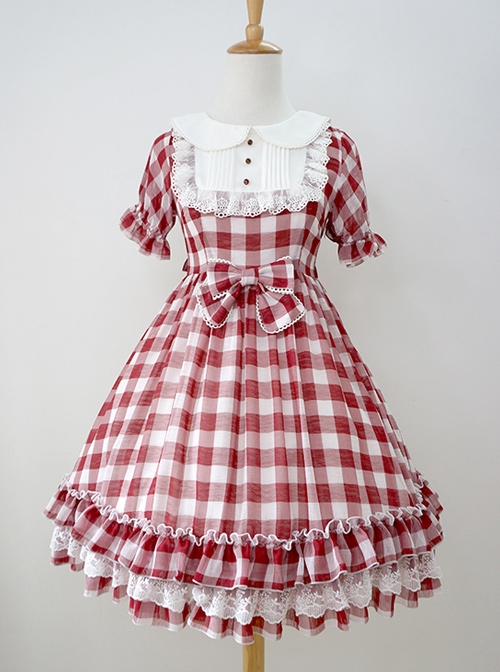 Plaid Chiffon Doll Collar Sweet Lolita Short Sleeve Dress  |  Sweet Lolita Dresses