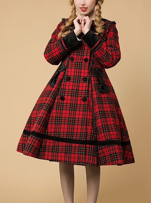 Plaid Rhapsody Series Doll Collar Red-Black Plaid Autumn Winter Warm Christmas Classic Lolita Long-Sleeved Coat  |  Coat & Jacket