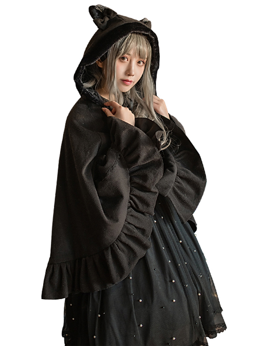 Plus Velvet Thickening Woolen Cat Ears Bowknot Lolita Pocket Cloak  |  Coat & Jacket