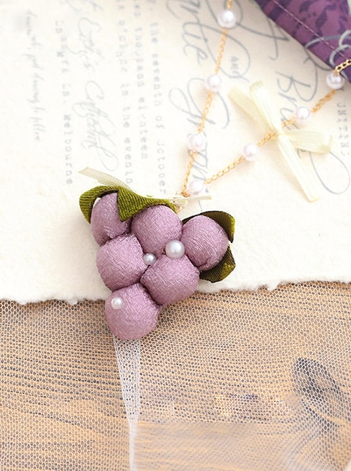 Plush Cloth Art Simulation Grape Ribbon Bowknot Pearl Chain Pastoral Style Classic Lolita Necklace  |  Lolita Necklaces