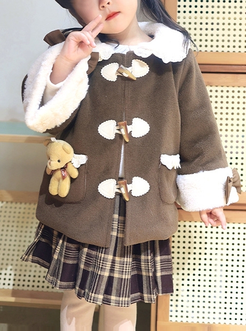 Plush Lace Doll Collar Dark Brown Christmas Horn Button Sweet Lolita Kids Spring Autumn Thick Coat  |  Kids Coat