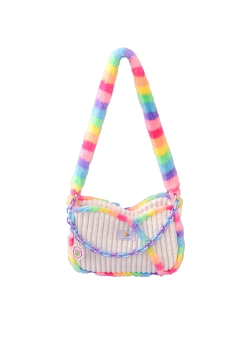 Plush Rainbow Stitching White Corduroy Blue-Purple Chain Decorate Sweet Lolita Shoulder Bag  |  Lolita Bags