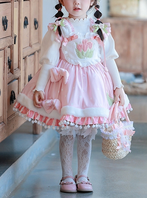 Plush Tulip Pattern Decoration Polka-Dot Hem Pleated Bow Knot Classic Lolita Pink Cute Suspender Dress  |  Kids Dresses