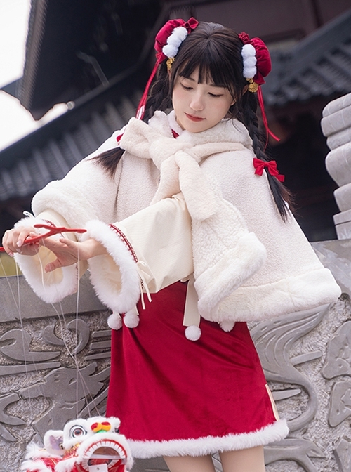 Plush Warm Horn Buckle Hooded Lamb Ears Sweet Lolita Cloak  |  Coat & Jacket