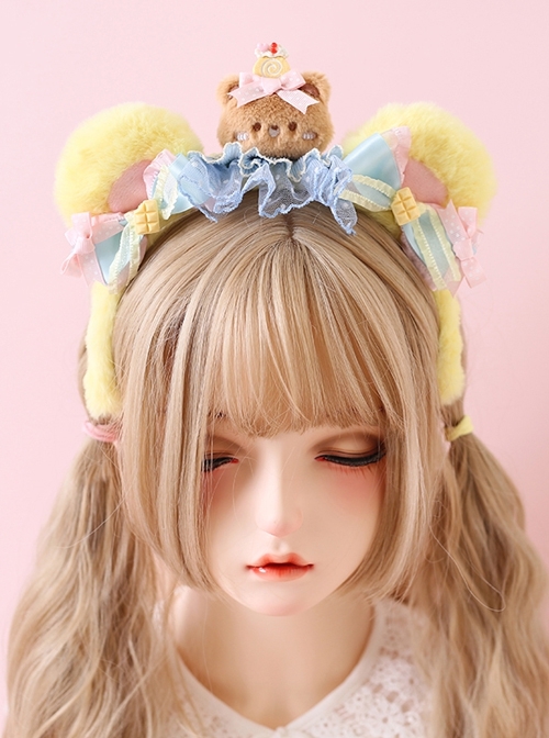 Plush Yellow Little Bear Ear Bowknot Little Bear Decoration Cute Sweet Lolita Headband  |  Lolita Headbands