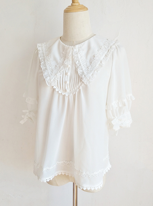 Pointed Collar White Chiffon Sweet Lolita Puff Sleeve Short Sleeve Shirt  |  Blouses