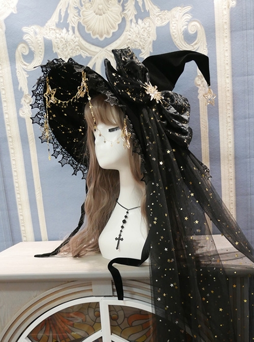 Polar Night Starry Sky Series Ornate Bronzing Star Rhinestone Bow Gold Star Pendant Halloween Gothic Lolita Witch Hat  |  Lolita Headbands