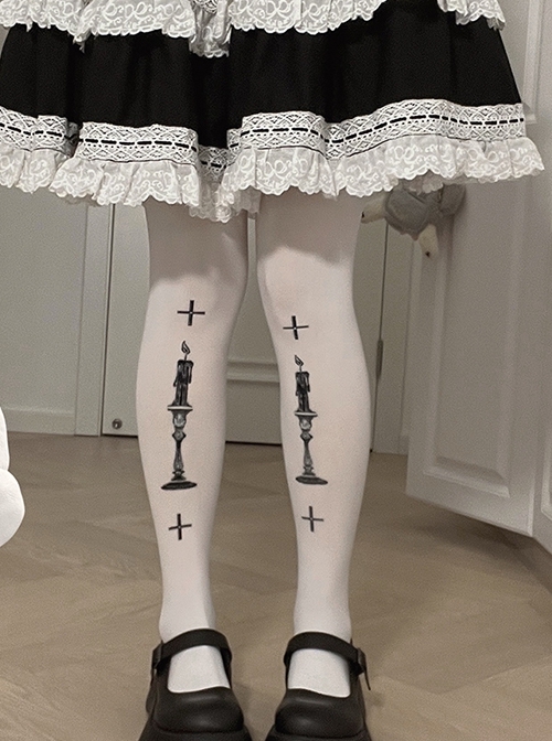 Prayer Series Candle Cross Jacquard Spring Summer Velvet White Classic Lolita Pantyhose  |  Lolita Socks