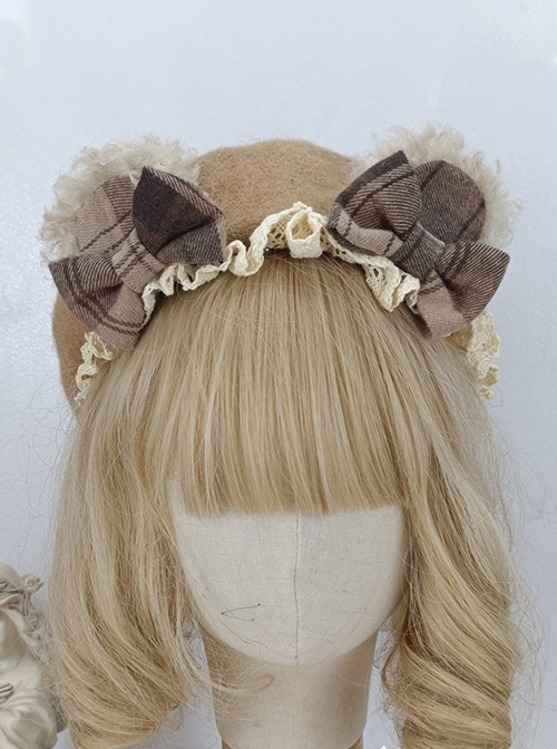 Preppy Style Japanese Girl Bear Ears Plaid Bowknot Lace Decoration Classic Lolita Berets  |  Lolita Headbands