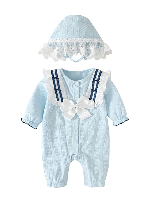 Princess Style Cream Blue Spliced Bowknot Decorative Square Collar Lace Long Sleeves Kawaii Fashion Baby Hat Baby Romper  |  Baby Rompers