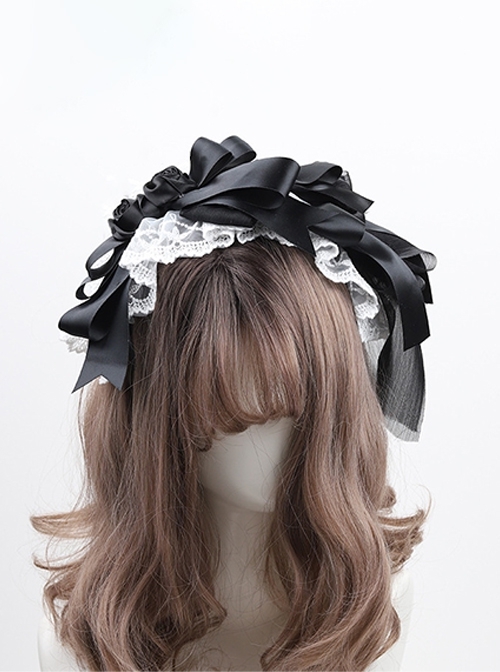 Princess Style Handmade Gorgeous Elegant Black Yarn Ribbon Bowknot White Lace Classic Lolita Hairband  |  Lolita Headbands