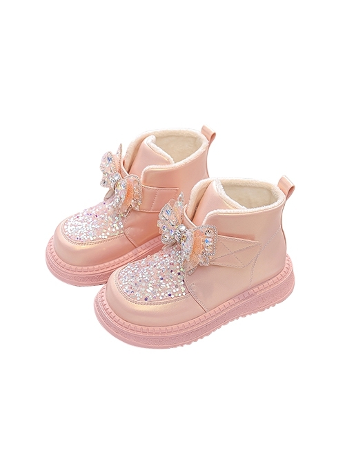 Princess Style Sparkling Diamond Bowknot Girl Kid Sweet Lolita Plus Thin Velvet Soft Bottom Snow Boots  |  Kids Shoes