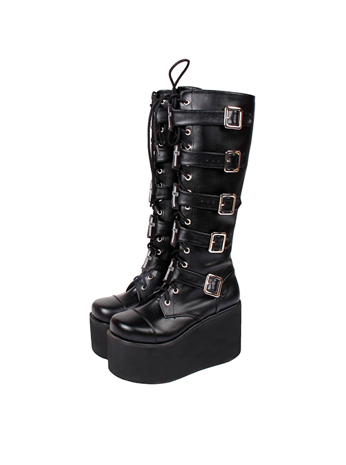 Punk Black Cross Ornament Lace-up Lolita High Boots  |  Lolita Boots