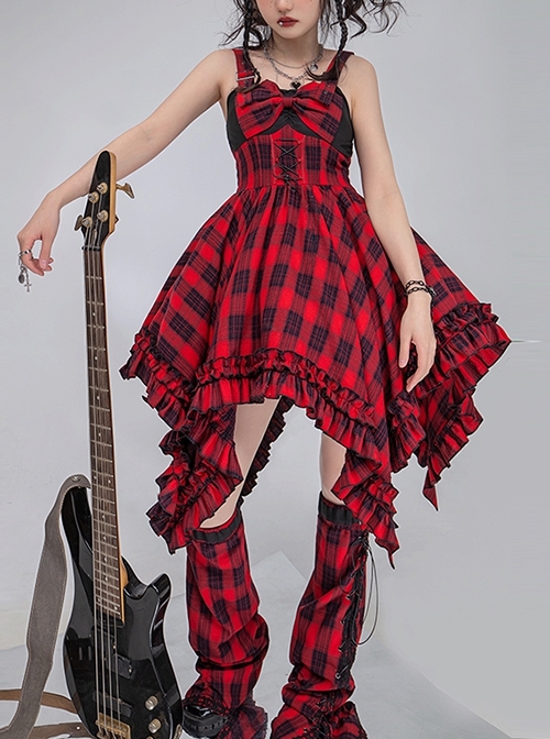 Punk Black Red Plaid Irregular Hem Lacing Autumn Winter Punk Lolita Sleeveless Dress  |  Punk Lolita Dresses