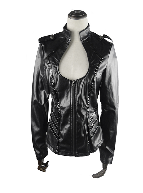 Punk Black Sexy Low-cut Thin Military Uniform Leather Jacket  |  Gothic & Punk Coats & Jackts