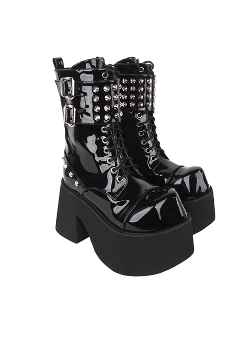 Punk Fashion Black Patent Leather Lace-Up Rivet Buckle Platform Shoes Punk Lolita Mid-Calf Boots  |  Lolita Boots