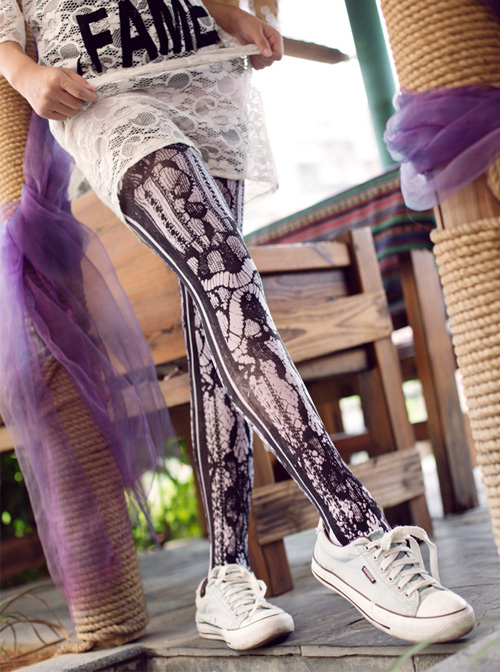 Punk Gothic Black Lace Printing Lolita Pantyhose  |  Lolita Socks