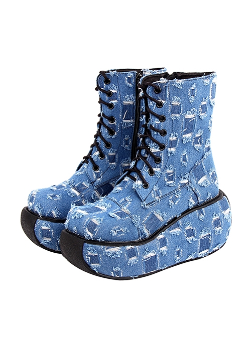 Punk Lolita Hole Blue Cowboy Beggar Personality Thick Bottom Round Head Strap High Heel Booties  |  Lolita Shoes