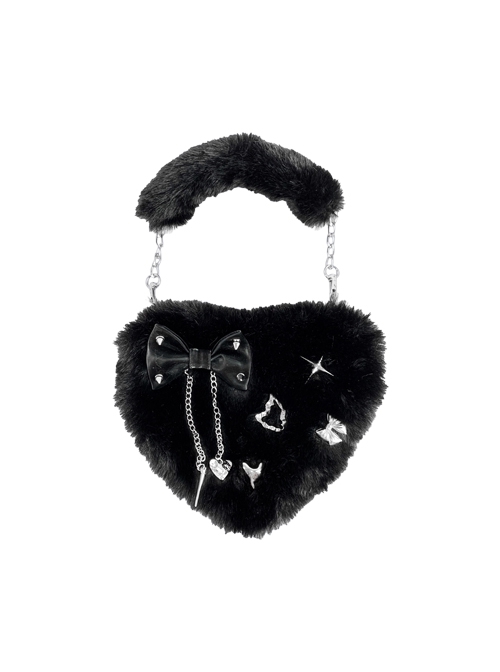 Punk Rivet Bowknot Metal Chain Decoration Black Plush Love Punk Lolita Portable Shoulder Bag  |  Lolita Bags