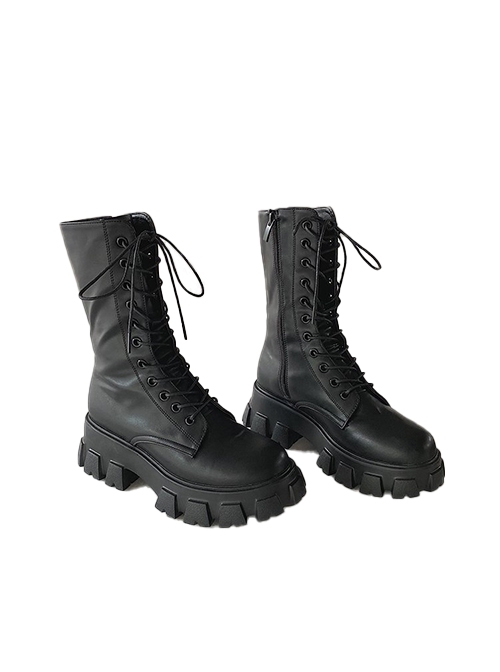 Punk Style European American Street Handsome Motorcycle Thick Sole Round Toe Shoelace Black Martin Boots Knight Boots  |  Gothic & Punk Footwear