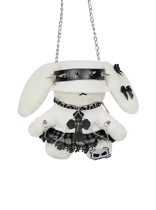 Punk Style Rivet PU Leather White Cute Plush Rabbit Cross Rose Lace Decoration Punk Lolita Shoulder Messenger Bag  |  Lolita Bags