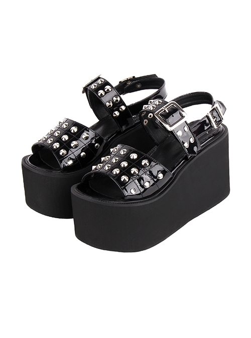 Punk Style Summer Open Toes Metal Studs Slip-On Black Platform Sandals  |  Gothic & Punk Footwear