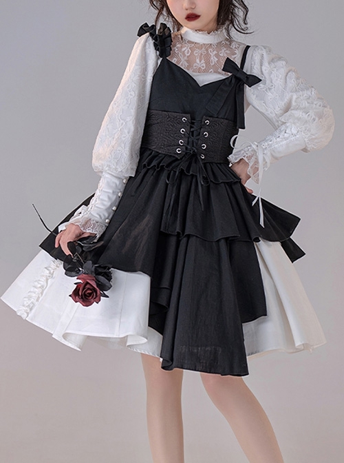 Pure Black Asymmetric Suspenders Irregular Hem Design Detachable Waistband White Skirt Cool Girl Punk Lolita Sleeveless Dress Set  |  Punk Lolita Dresses