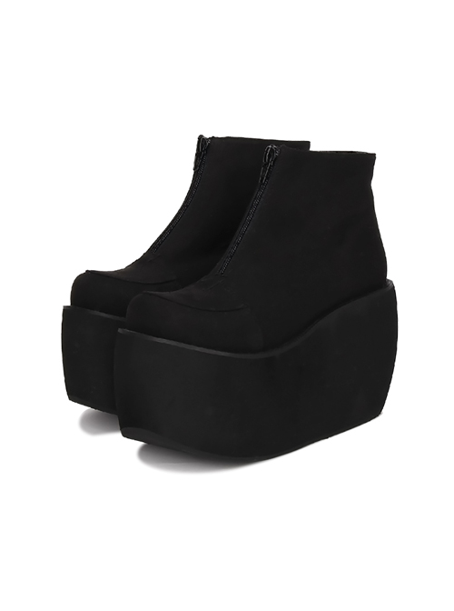 Pure Black Front Zipper Punk Lolita Platform Short Boots  |  Lolita Boots