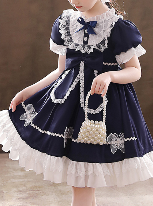 Pure Color Big Bowknot White Lace Children Sweet Lolita Kids Short Sleeve Dress  |  Kids Dresses